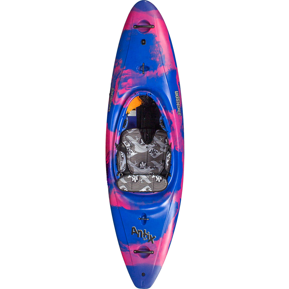 A Antix 2.0 by Jackson Kayak with a blue and pink design.