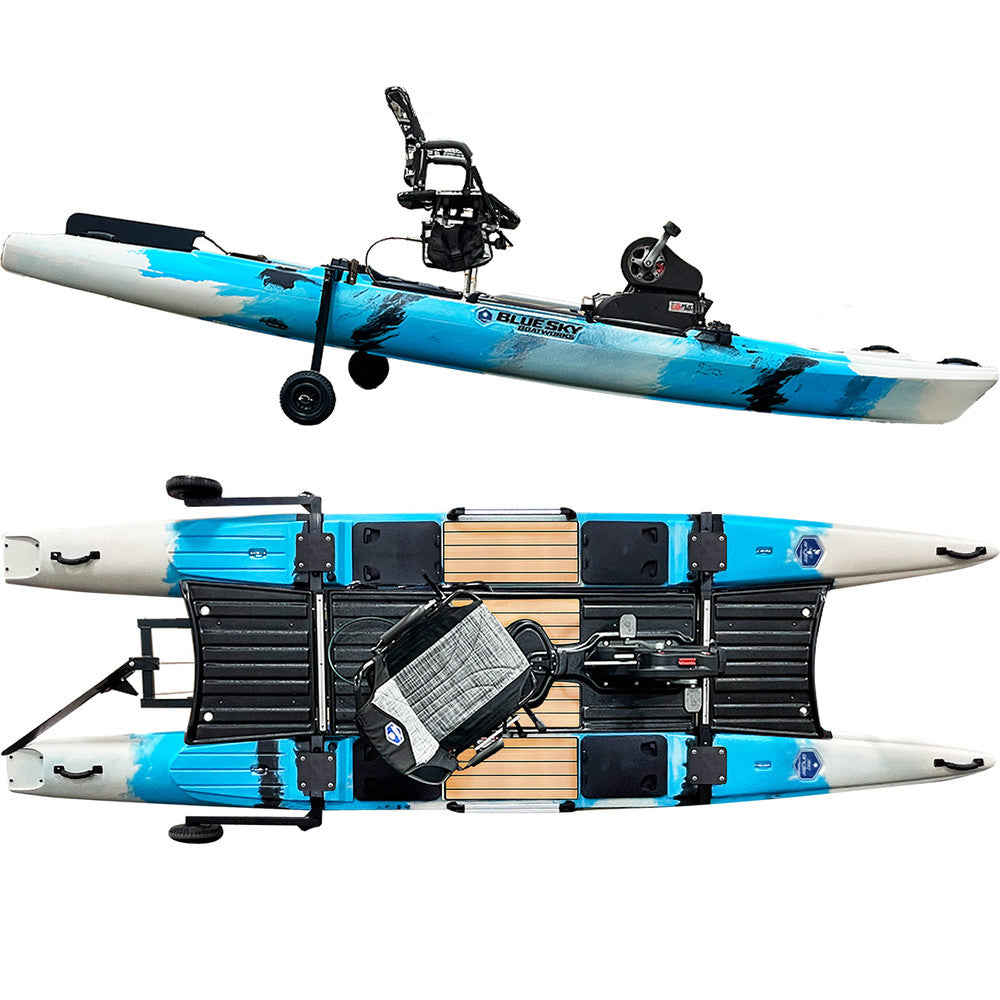 A Bluesky 360 Angler fishing kayak with a paddle attached for stability by Jackson Kayak.