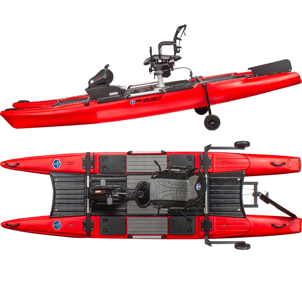 A red Bluesky 360 Angler kayak with a wheelchair attached to it for stability while fishing by Jackson Kayak.