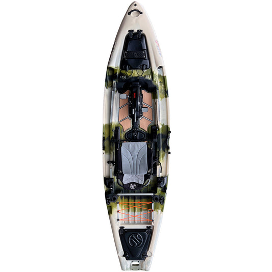 A white and green Jackson Kayak Big Rig FD 13'3 with FlexDrive Mark IV system.
