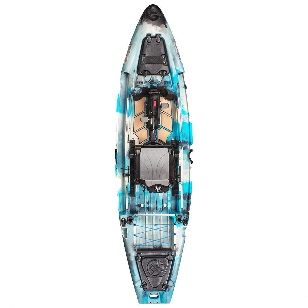 A Big Rig FD kayak with a blue and white design.