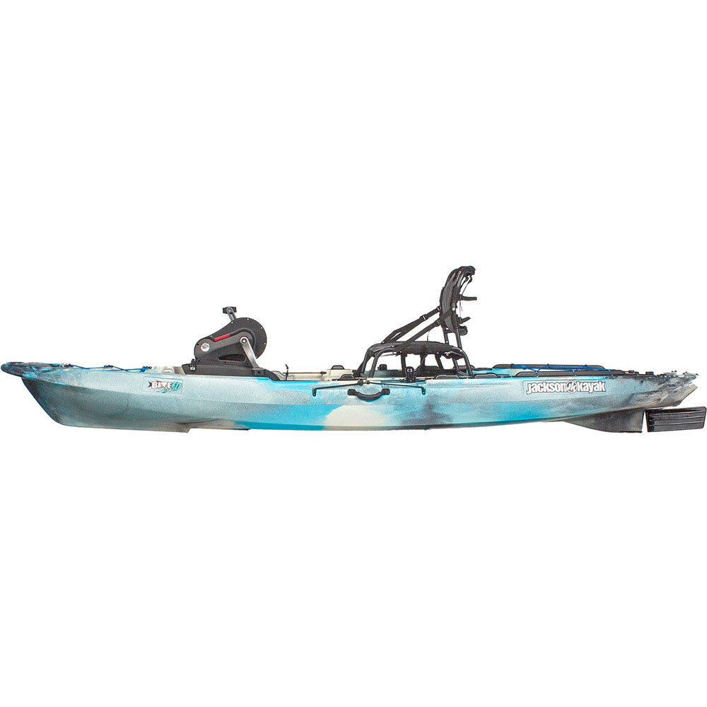 A blue and white Jackson Kayak Bite FD 11'6 fishing boat, on a white background.