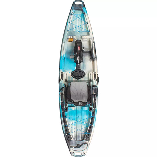 A blue and white Bite FD fishing kayak with a seat by Jackson Kayak.