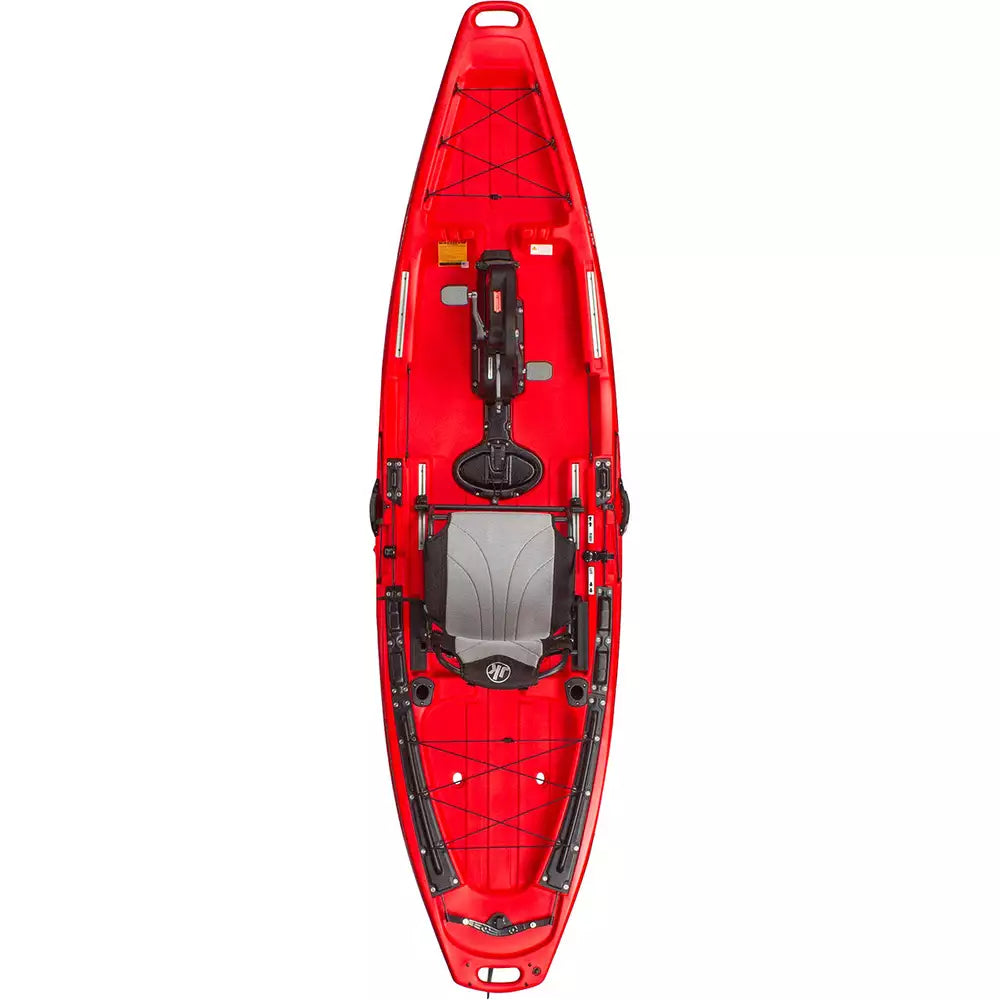 A red Bite FD 11'6 Fishing Kayak with a Flex Drive Mark IV attached by Jackson Kayak.