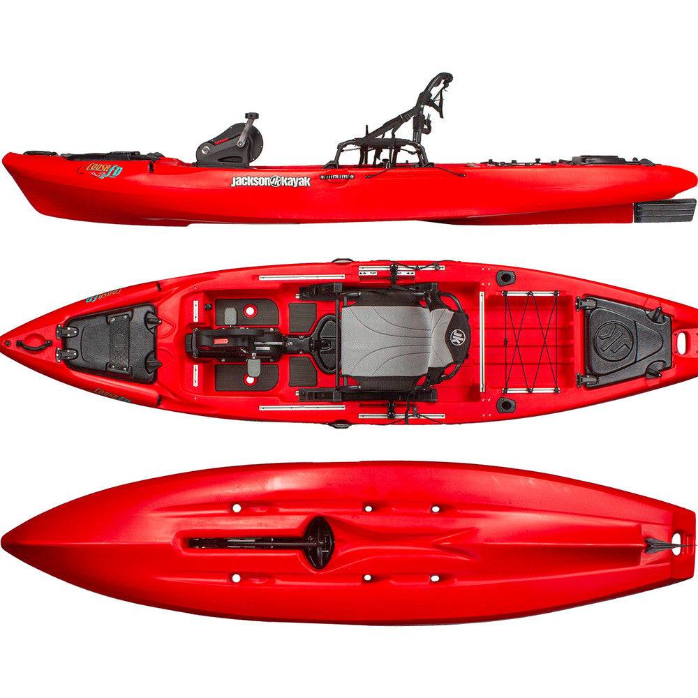 A red Jackson Kayak Coosa FD 12'7 with black seats.