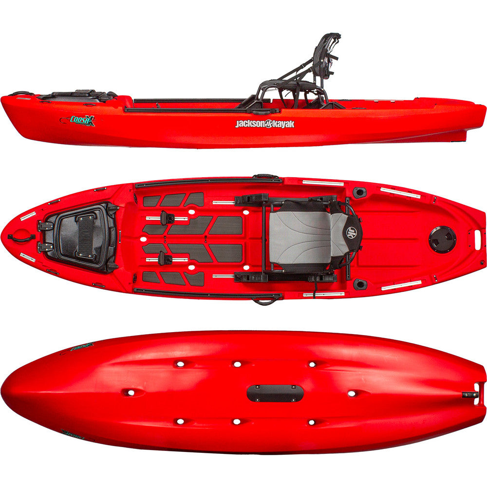 A red Coosa X 11'8 kayak with two seats and a paddle, perfect for river fishing, from Jackson Kayak.