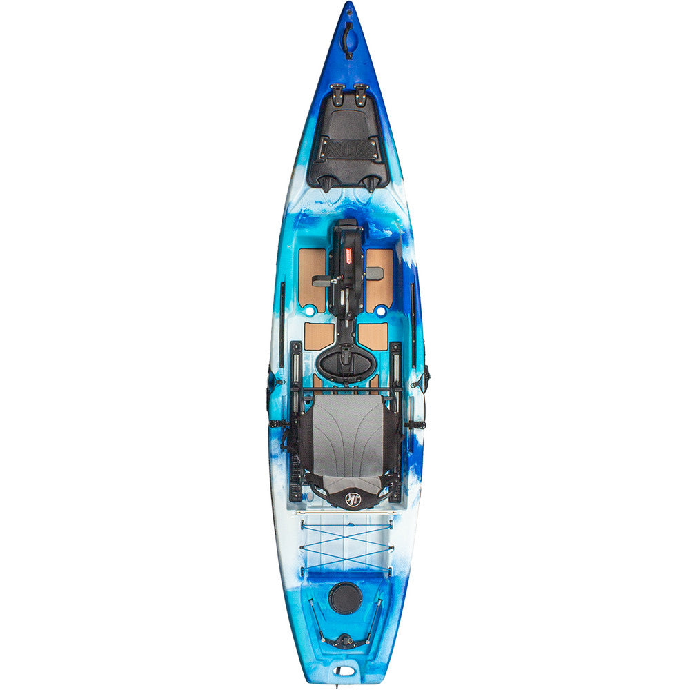 A blue and white Jackson Kayak Cruise FD with a seat on it.