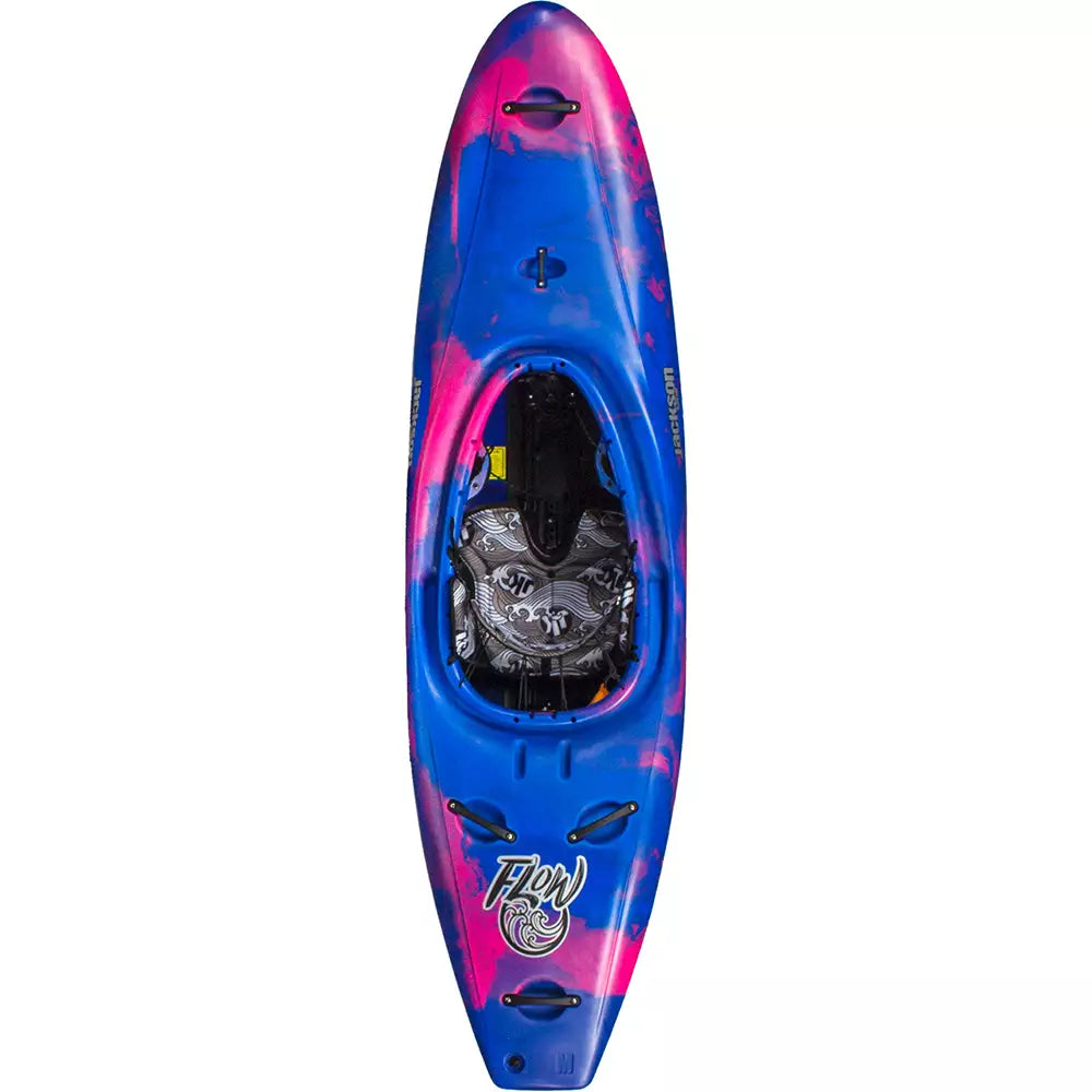 A Flow kayak with a blue and pink design by Jackson Kayak.