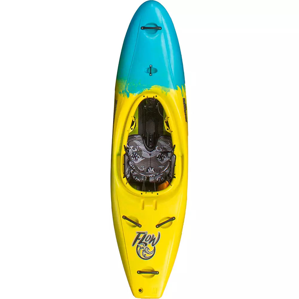 A yellow and blue Flow kayak on a white background.