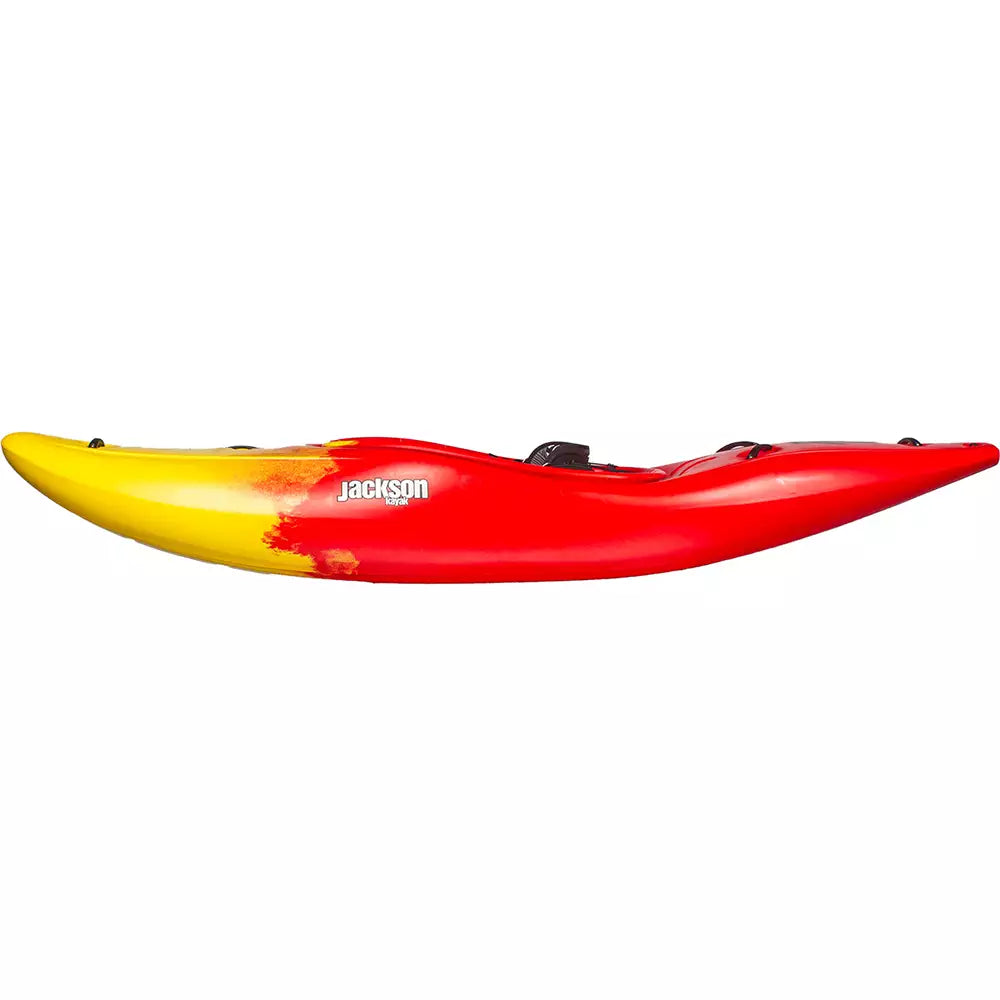 A red and yellow Flow kayak on a white background, made by Jackson Kayak.