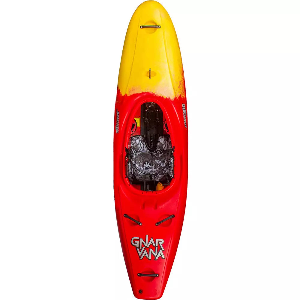 A Gnarvana kayak with a red and yellow design.