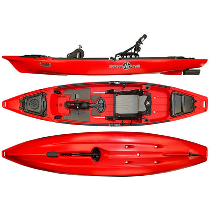 A red Jackson Kayak Knarr FD 13'9 with two seats and a paddle, perfect for fishing trips.