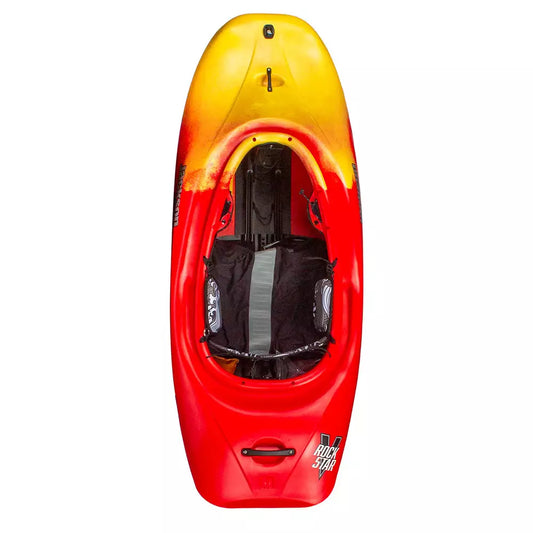 Top view of a red and yellow Jackson Kayak Rockstar LG 2024 Blem whitewater kayak.