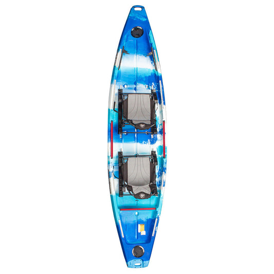 A blue and white TakeTwo tandem kayak by Jackson Kayak for fishing adventures.