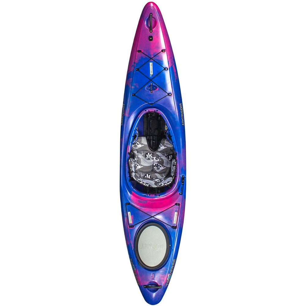 A blue and purple Karma Traverse kayak by Jackson Kayak on a white background.