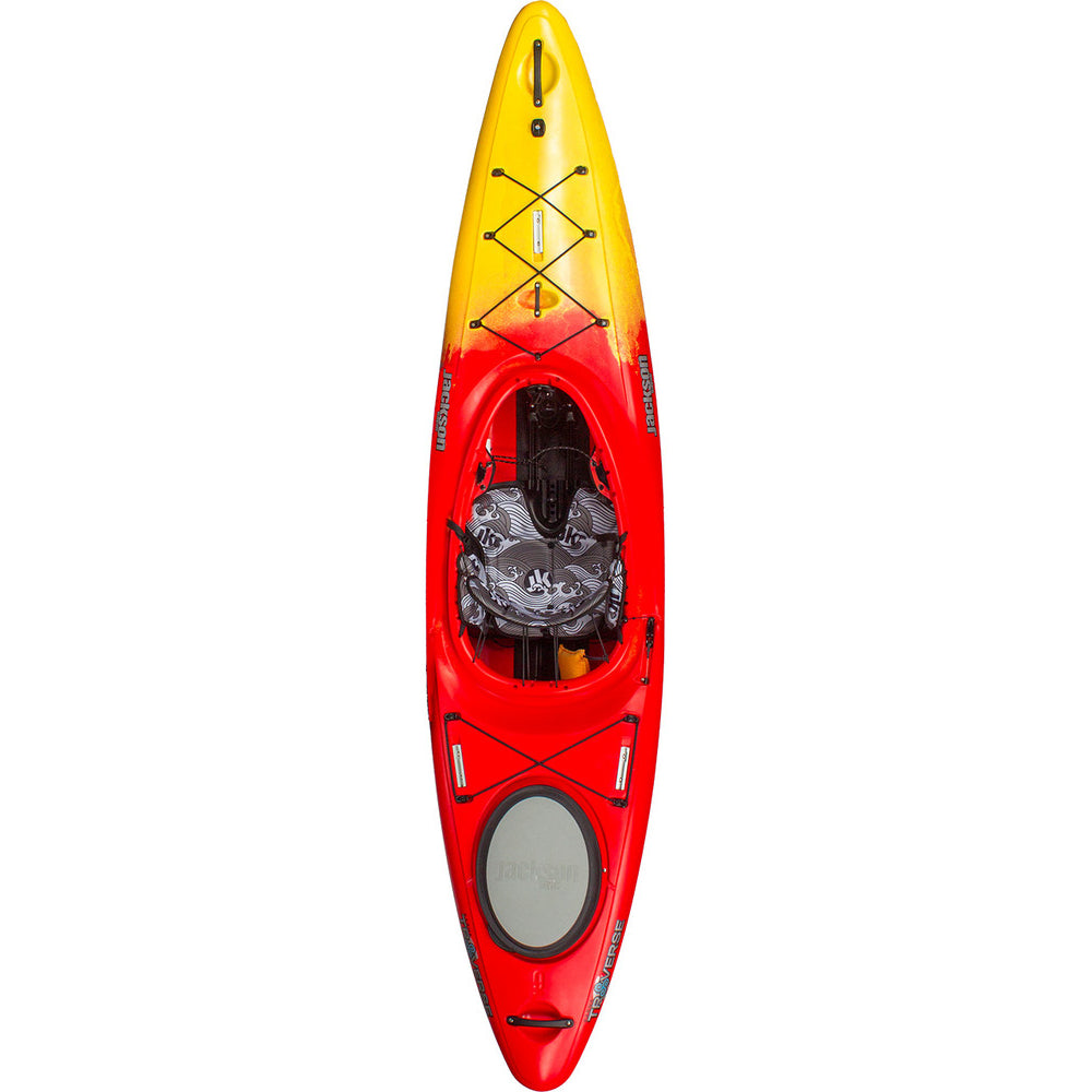 A red and yellow Karma Traverse kayak by Jackson Kayak on a white background.