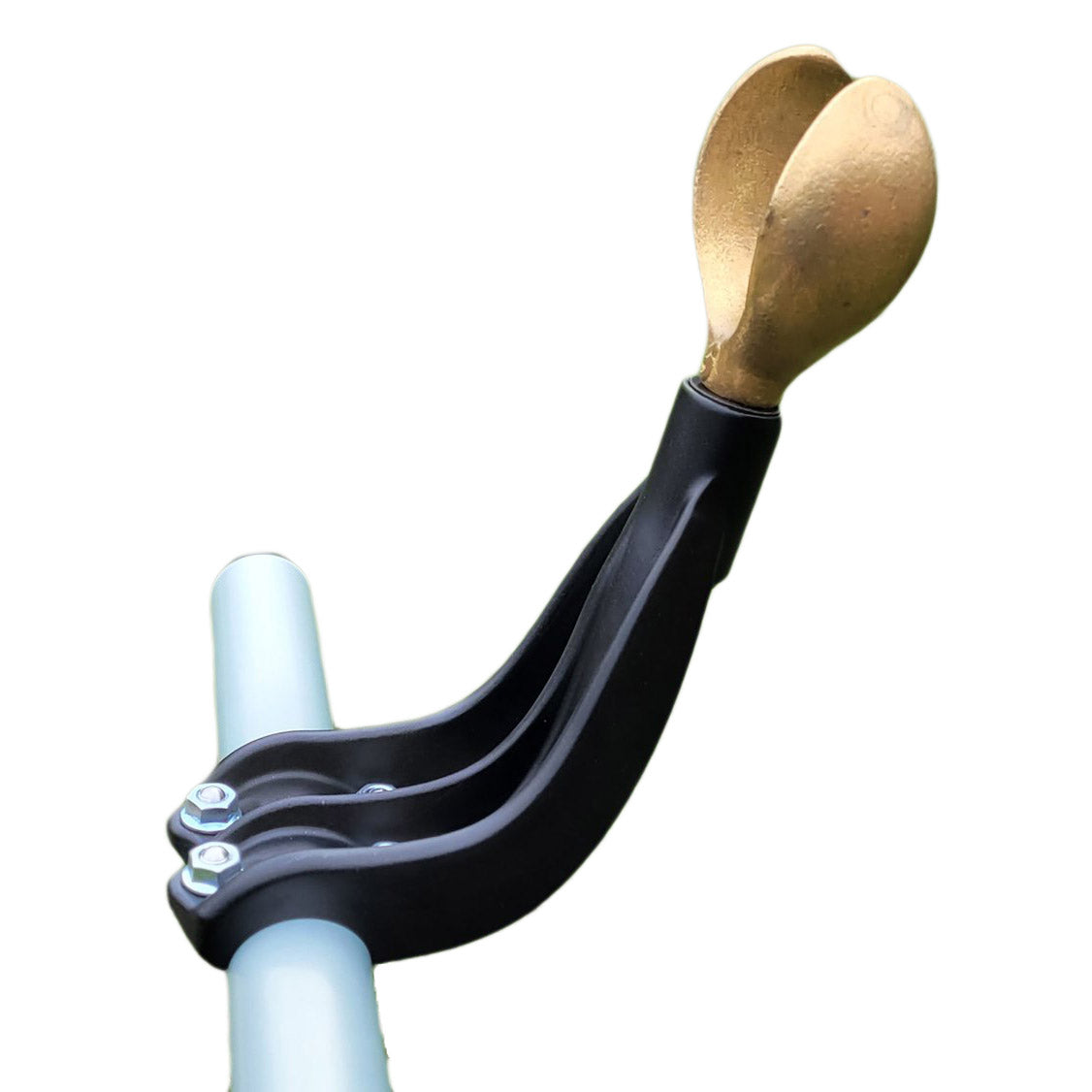 A brass bicycle bell mounted on a black bracket with heat-treated forged aluminum components attached to a handlebar, the Oar Towers by Better Mounts.