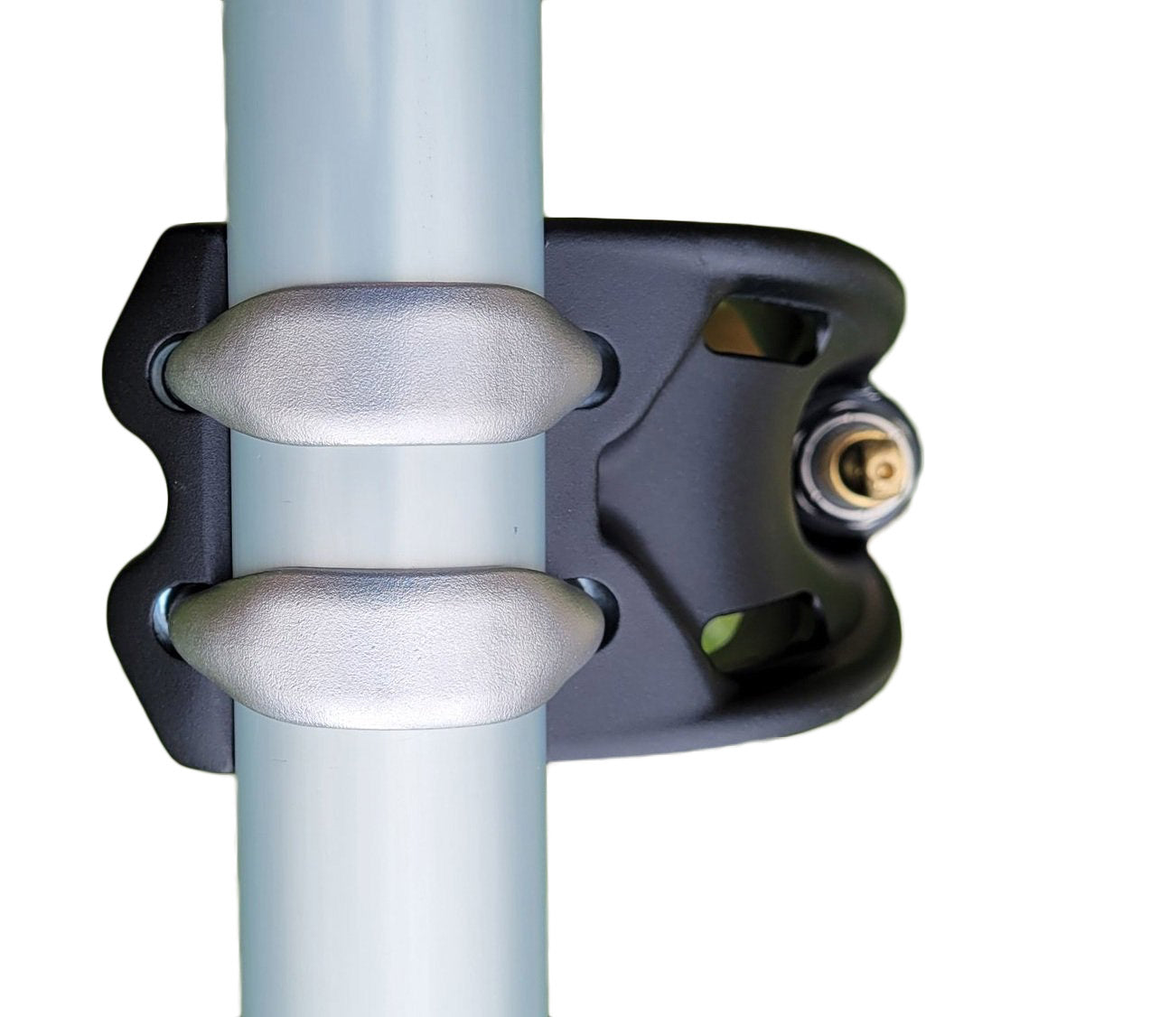 A close-up of a metal clamp securing a metallic pole. The Oar Towers by Better Mounts, featuring a black base and silver fittings, incorporate heat-treated forged aluminum for added strength and durability. A visible screw head completes the assembly.