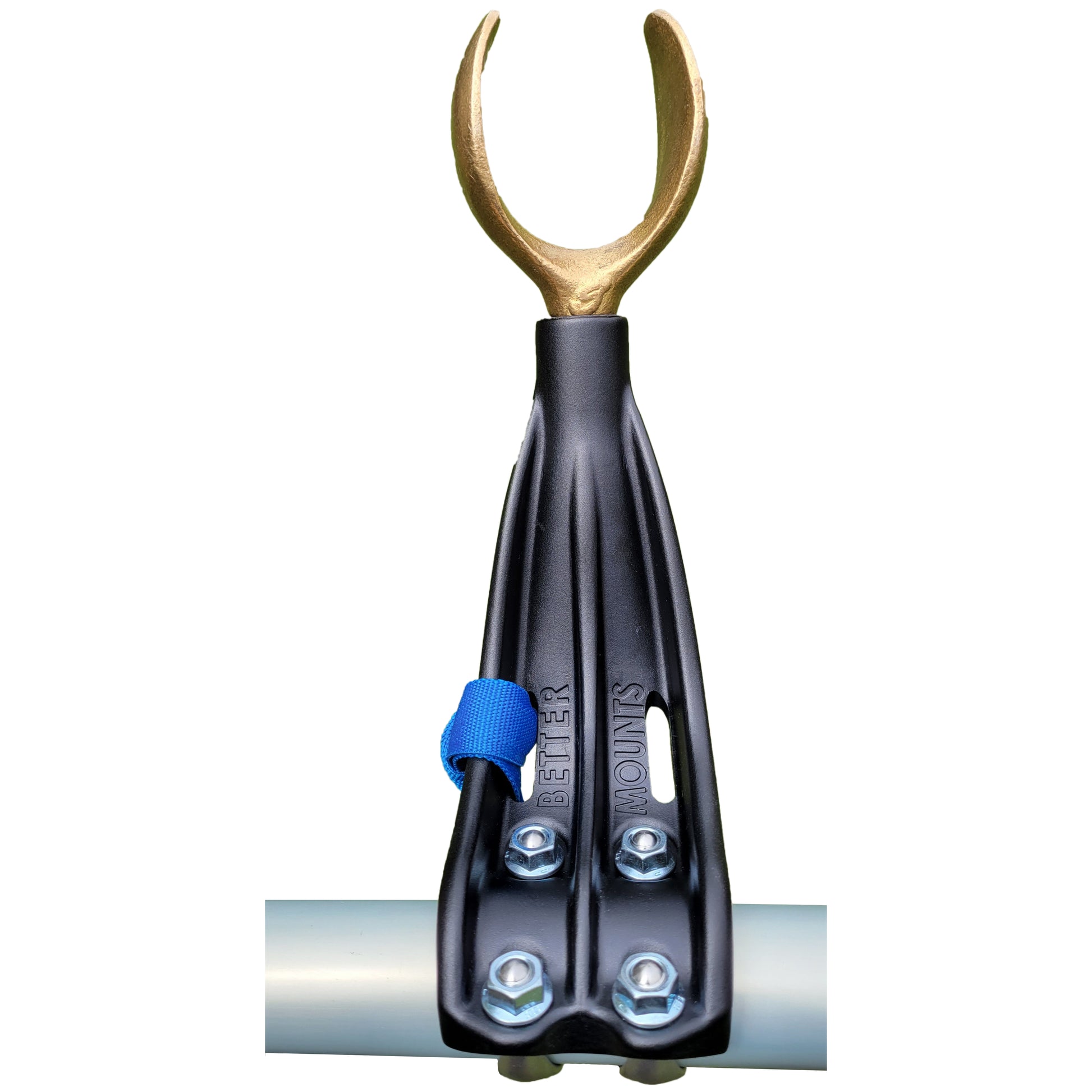 A black Oar Towers with a bronze-colored open fork mounted on a cylindrical metal rod, crafted from heat-treated forged aluminum and secured by three bolts and a blue strap. The words "Better Mounts" are visible on the black base.