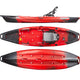 The Jackson Kayak Bite Angler 11’3 is shown in red and black from side, top, and bottom views, featuring a metal-frame seat, storage spaces, and molded footrests for comfort and performance on the water.