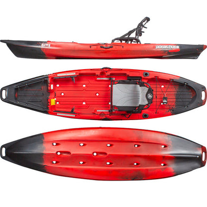 The Jackson Kayak Bite Angler 11’3 is shown in red and black from side, top, and bottom views, featuring a metal-frame seat, storage spaces, and molded footrests for comfort and performance on the water.