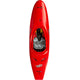 A vibrant red creek boat named "Clutch" by Jackson Kayak, ideal for river adventures, is displayed from three perspectives: top view, side view, and bottom view. The kayak boasts black and white interior patterns with the text "Jackson" and "Clutch" printed on it.
