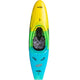 A brightly colored kayak in yellow, green, and blue hues with a "Jackson Kayak" logo on both sides and "Guch" written on the nose. This Clutch kayak features carry handles, a seating area, and a closed deck for an adventurous ride.