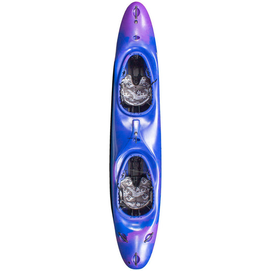 Top view of the Jackson Kayak Dynamic Duo Tandem in blue and purple, featuring two seats and footwells—ideal for beginners to enjoy whitewater adventures together.