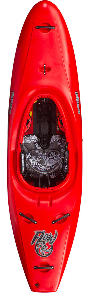The "Flow" by Jackson Kayak is a red kayak featuring a black and white patterned seat, with the brand's logo prominently displayed on the front, crafted for outstanding maneuverability as a creek boat.