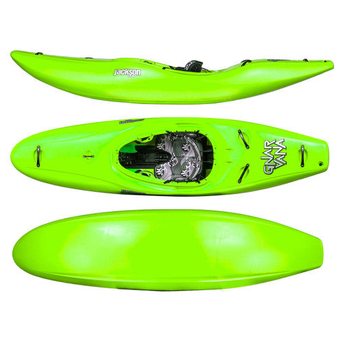 The Jackson Kayak Gnarvana whitewater kayak is shown in bright green from side, top, and bottom views, featuring a cockpit with seat and footrests, and "GNARVANA" displayed on the front.