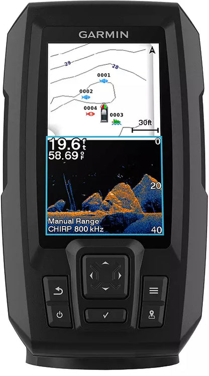 The Garmin Striker Vivid Fish Finder shows a navigation chart on the top of the display and advanced sonar imaging with depth and temperature readings on the bottom.