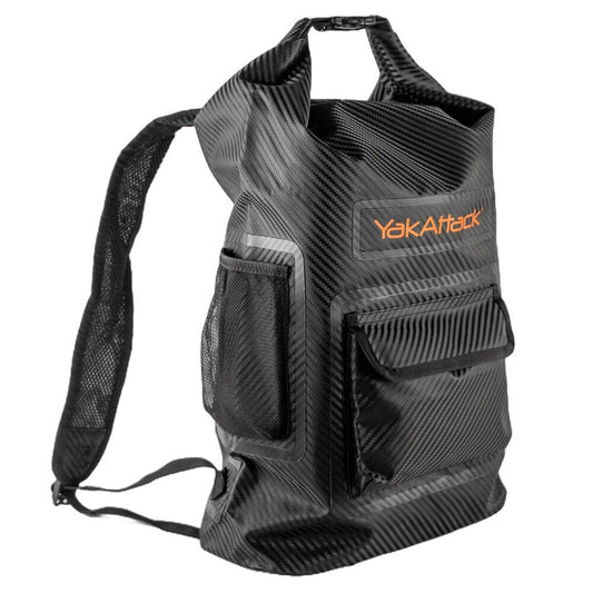 The YakAttack 20L Roll-Top Drybag Backpack features waterproof protection, mesh shoulder straps, a side pocket, and a carbon fiber-textured zippered pouch—perfect for outdoor activities.