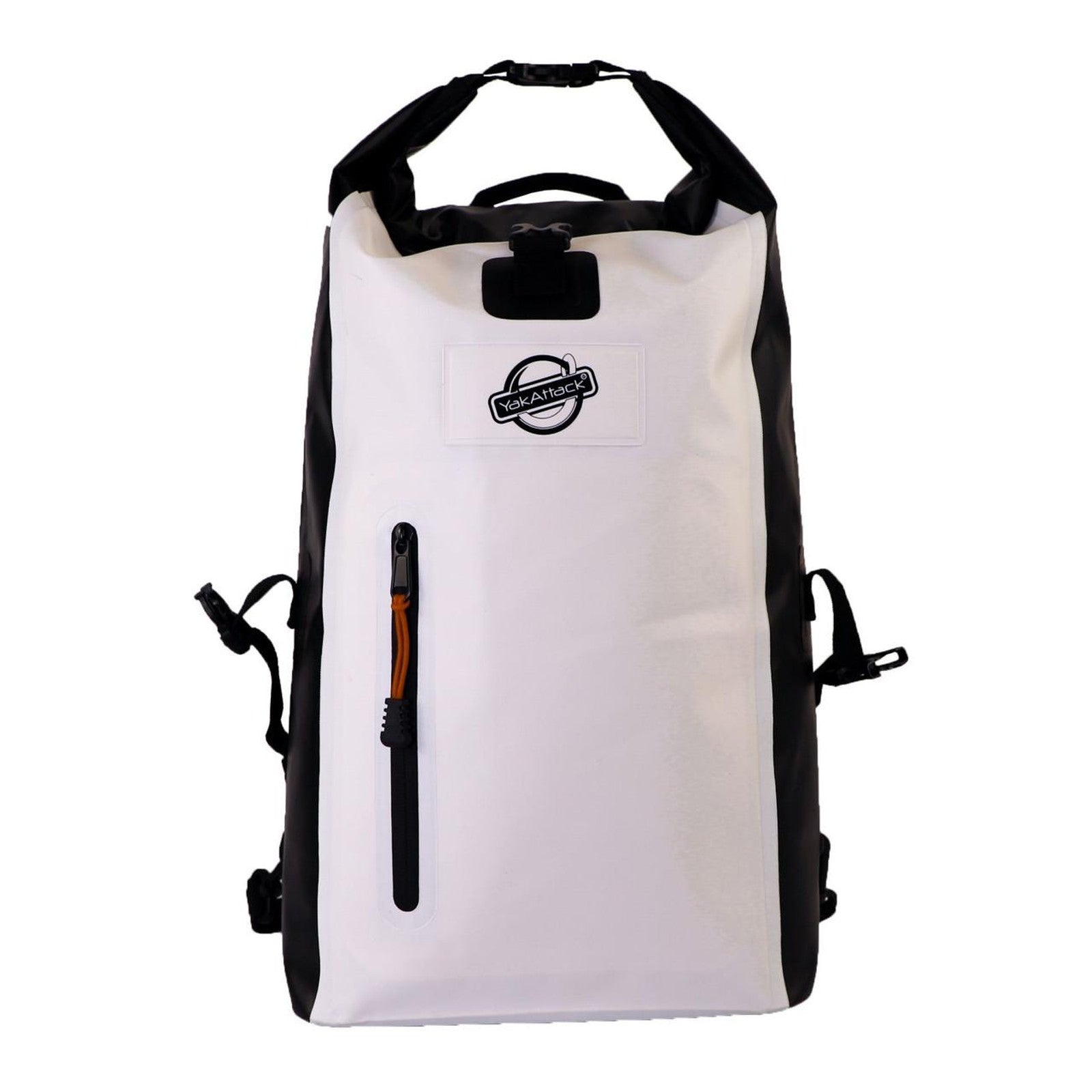 The YakAttack 20L Roll-Top Drybag Backpack features a white and black waterproof design, front zipper pocket, side straps, roll-top closure, and a visible logo patch—ideal for outdoor activities.