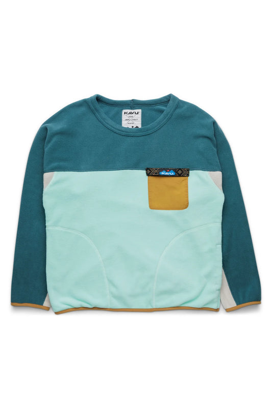 The Kavu Kelowna Fleece features teal and light blue colorblocking, a round neck, long sleeves, and a mustard yellow patterned-trim chest pocket. This vintage-inspired pullover is made from recycled polyester.