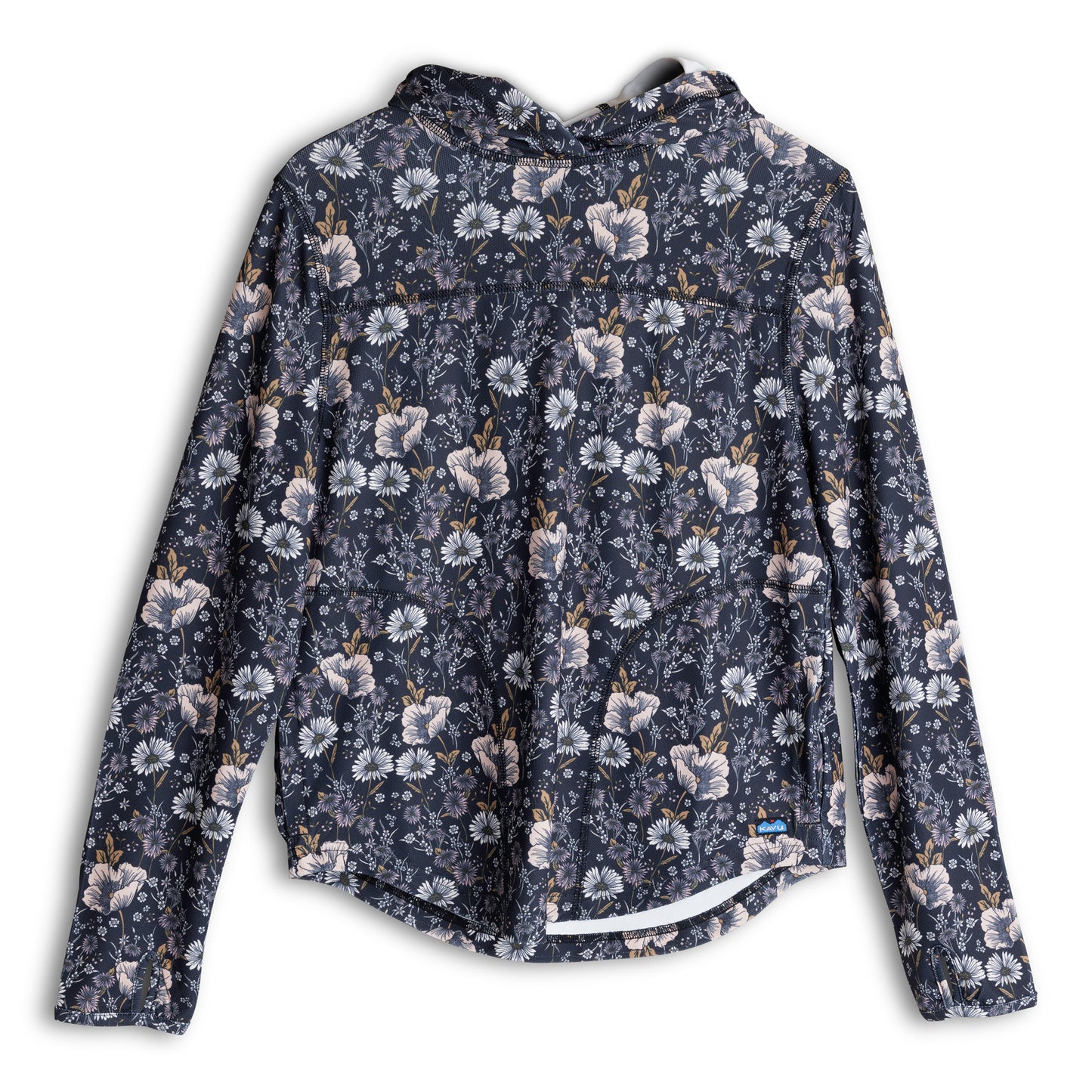 The Sunshade Hoodie - Women's by Kavu features a floral pattern with white and beige flowers on a dark background, complemented by long sleeves.