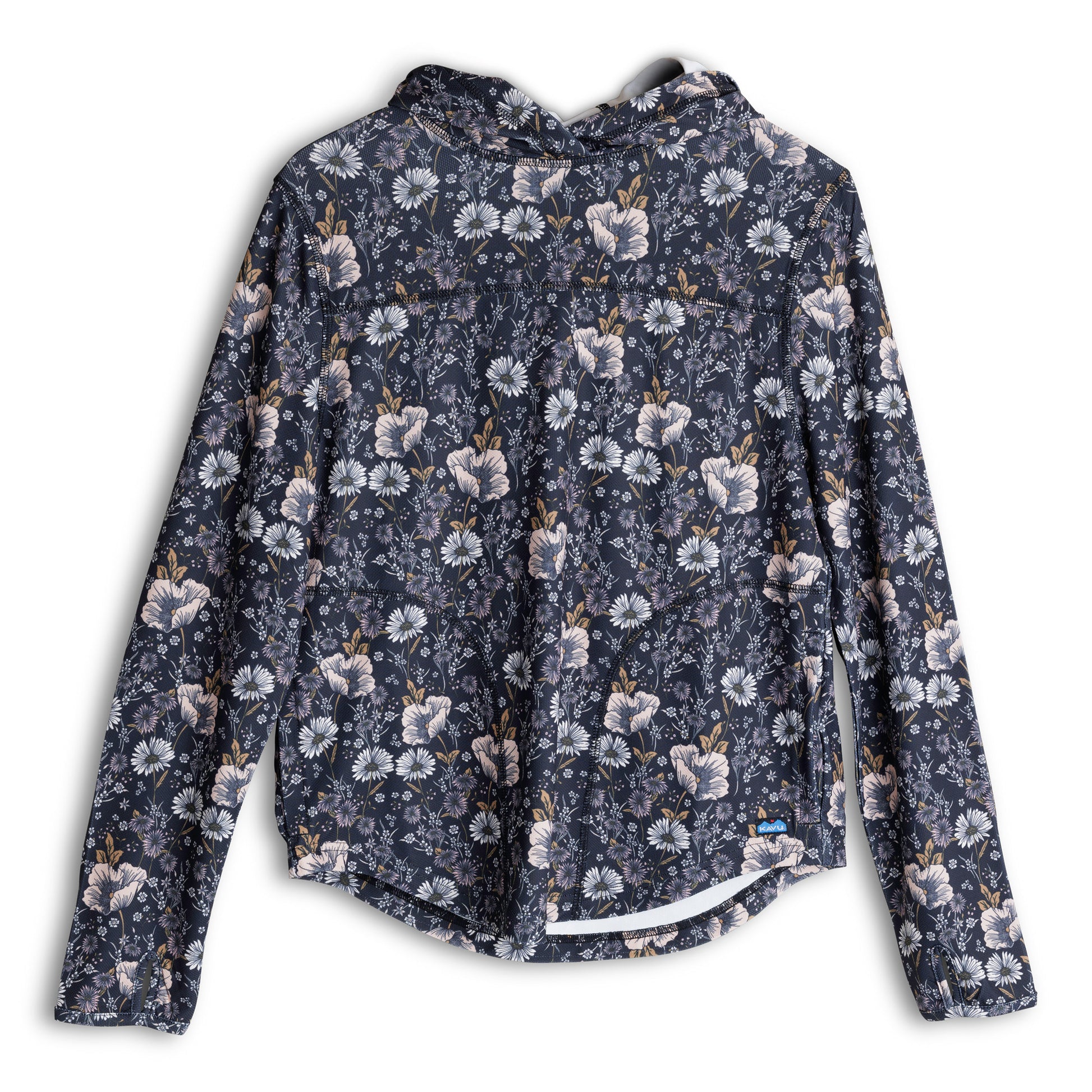 The Sunshade Hoodie - Women's by Kavu features a floral pattern with white and beige flowers on a dark background, complemented by long sleeves.