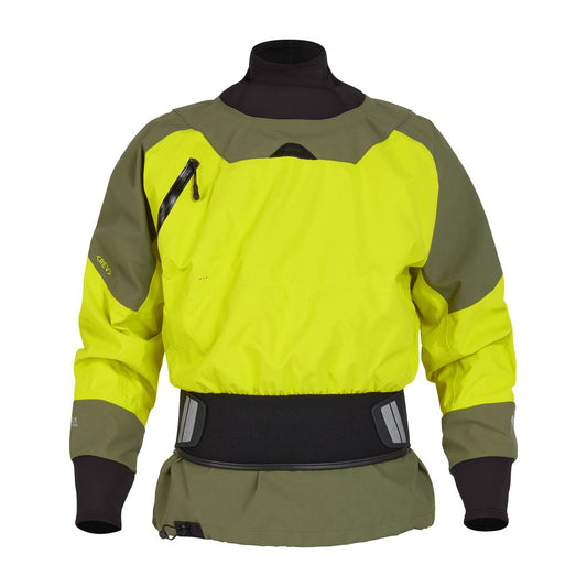 The NRS REV (GORE-TEX Pro) Drytop is a high-visibility yellow and gray waterproof top featuring a front zipper pocket, black neoprene waist and neck seals, designed for superior paddling performance.