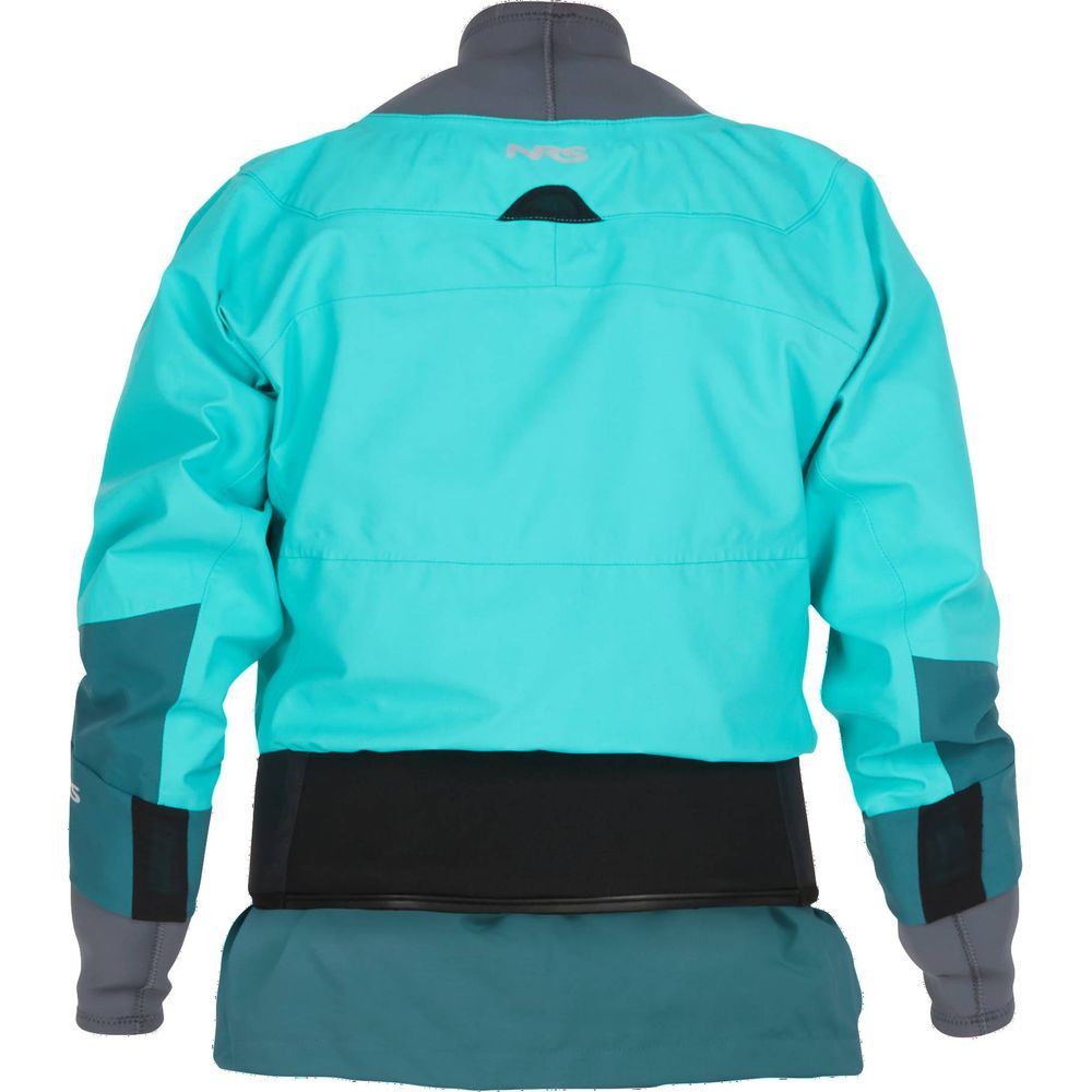 Rear view of the NRS REV (GORE-TEX Pro) Women's Drytop in turquoise and gray, featuring a high collar and black waistband, designed for waterproof breathability—ideal for outdoor activities.