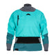 The NRS REV (GORE-TEX Pro) Drytop for women in turquoise and gray offers breathable waterproof performance with a chest pocket and adjustable waistband, perfect for paddling enthusiasts. Shown on a white background.