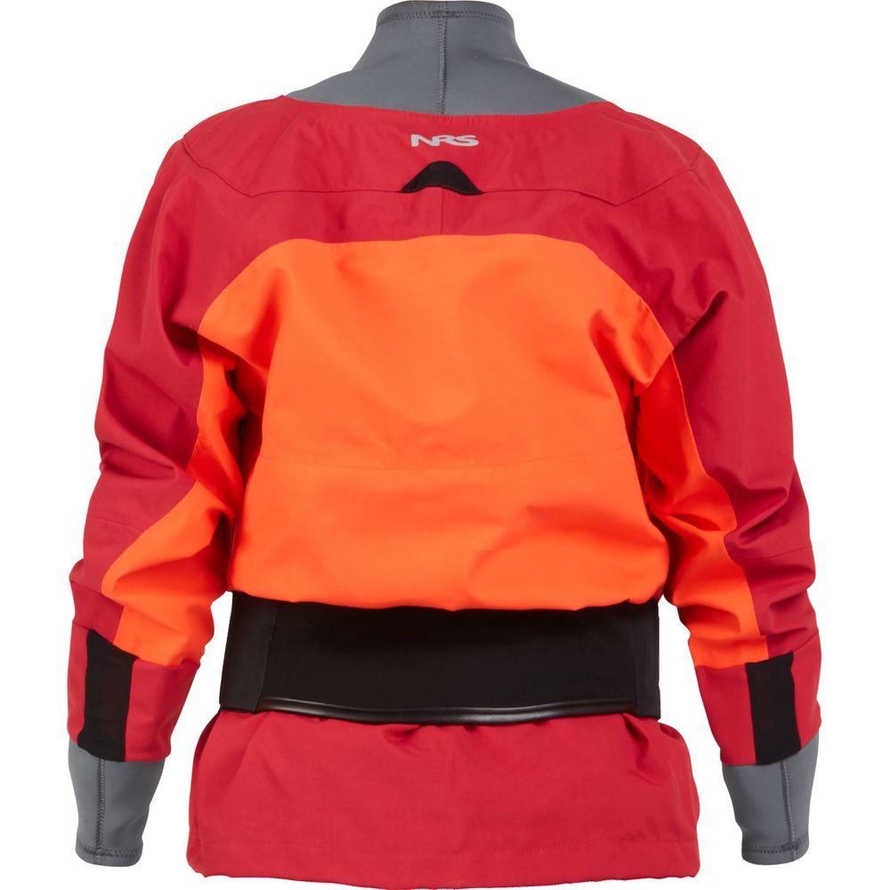 Back view of the NRS REV (GORE-TEX Pro) Women's Drytop in red and orange, featuring a gray collar and black waistband, designed for waterproof breathable performance.