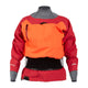 The NRS REV (GORE-TEX Pro) Drytop for women is a red and orange waterproof jacket with gray cuffs, designed for exceptional breathability, featuring GORE-TEX Pro branding on the upper left. Perfect for paddling dry top adventures.
