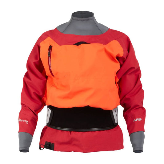 The NRS REV (GORE-TEX Pro) Drytop for women is a red and orange waterproof jacket with gray cuffs, designed for exceptional breathability, featuring GORE-TEX Pro branding on the upper left. Perfect for paddling dry top adventures.