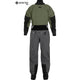 The NRS Phenom (GORE-TEX Pro) Drysuit - Men's features an olive green top, black accents, and gray pants with a front zipper and GORE-TEX PRO logo, made from waterproof, breathable PFAS-free GORE-TEX ePE membrane fabric.