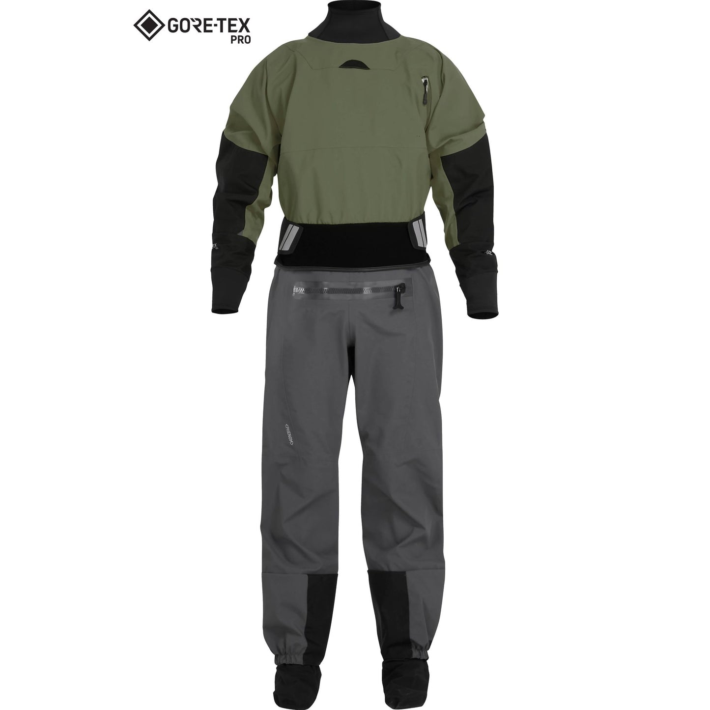 The NRS Phenom (GORE-TEX Pro) Drysuit - Men's features an olive green top, black accents, and gray pants with a front zipper and GORE-TEX PRO logo, made from waterproof, breathable PFAS-free GORE-TEX ePE membrane fabric.