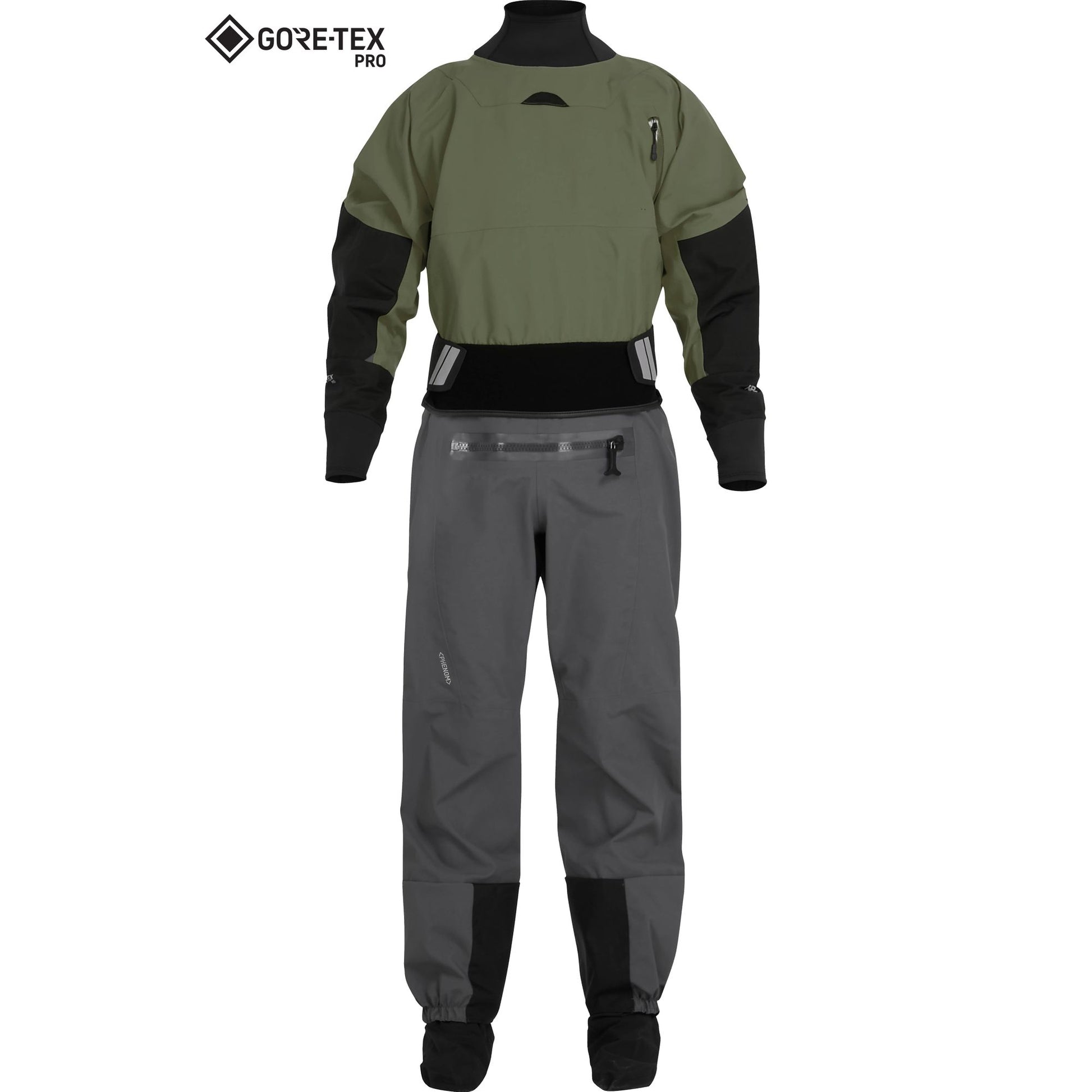 The NRS Phenom (GORE-TEX Pro) Drysuit - Men's features an olive green top, black accents, and gray pants with a front zipper and GORE-TEX PRO logo, made from waterproof, breathable PFAS-free GORE-TEX ePE membrane fabric.