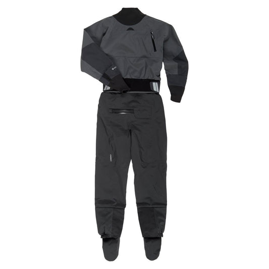 The NRS Phenom GORE-TEX Pro Dry Suit - Men's is a full-body, dark gray dry suit with long sleeves, front chest pocket, PFAS-free GORE-TEX waterproof-breathable fabric, watertight seals at neck/wrists/ankles, and an integrated waist belt.