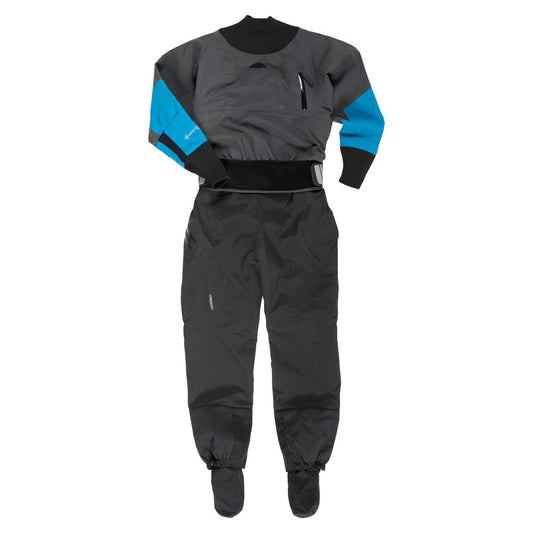 The NRS Phenom GORE-TEX Pro DrySuit - Women's, shown in black and blue with long sleeves, PFAS-free ePE membrane, front chest pocket, and attached booties, is displayed against a white background.