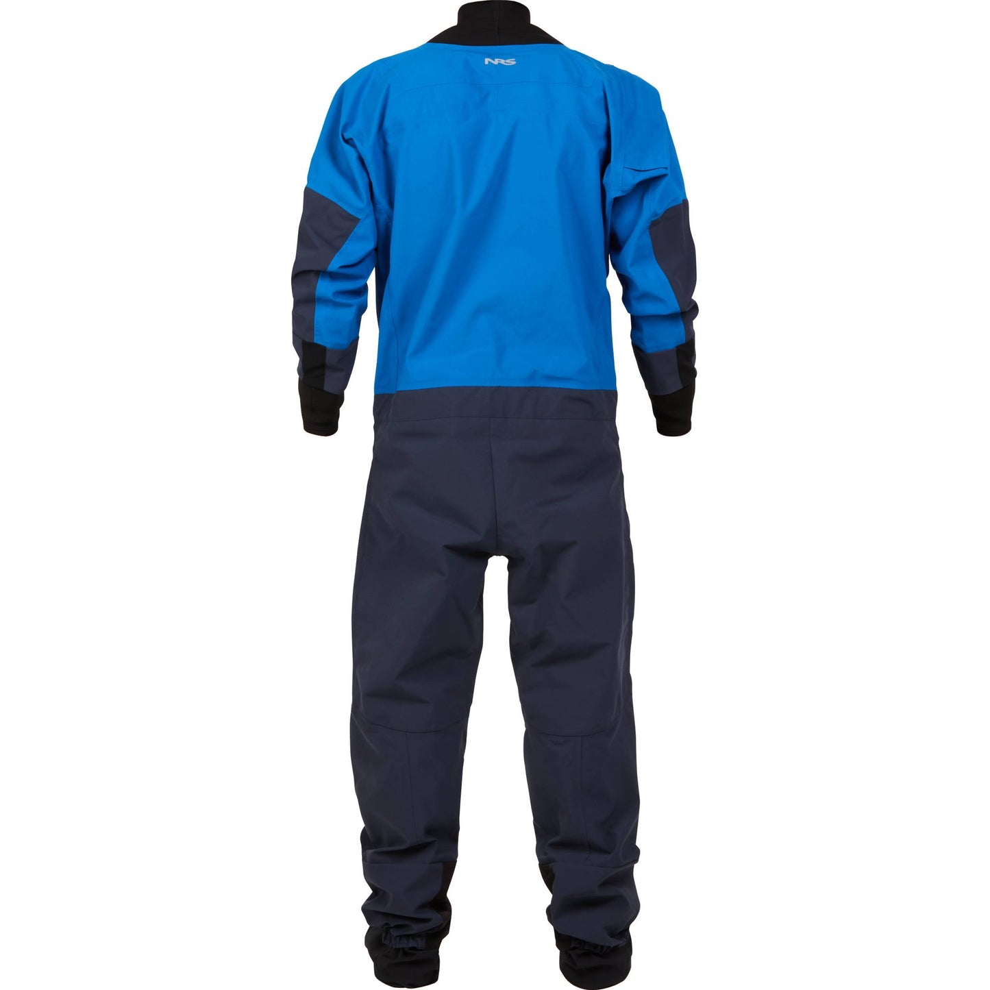 Person in a blue and black NRS Men's Nomad GORE-TEX Pro Semi-Dry Suit standing with their back to the camera.