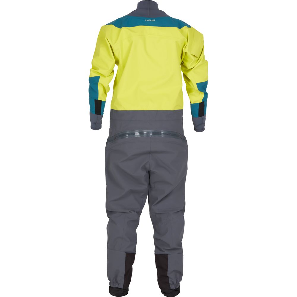 A person wearing the Nomad GORE-TEX Pro Semi-Dry Suit by NRS in yellow and gray stands facing away, highlighting its exceptional waterproof performance.