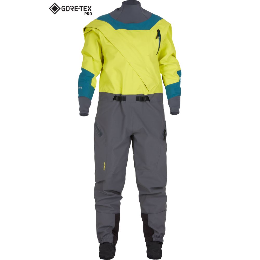 The NRS Nomad GORE-TEX Pro Semi-Dry Suit for women features a yellow and gray design with teal accents, a diagonal front zipper, and exceptional waterproof performance.